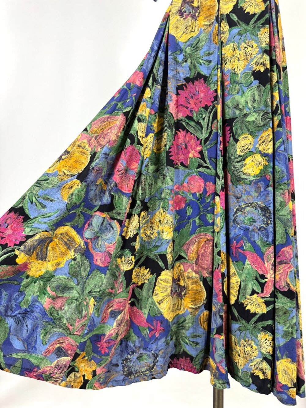 Vtg 90s Olive Painted Floral Maxi Dress Sz L Tie Back Rayon Pleated Artsy Whimsy - Picture 4 of 13